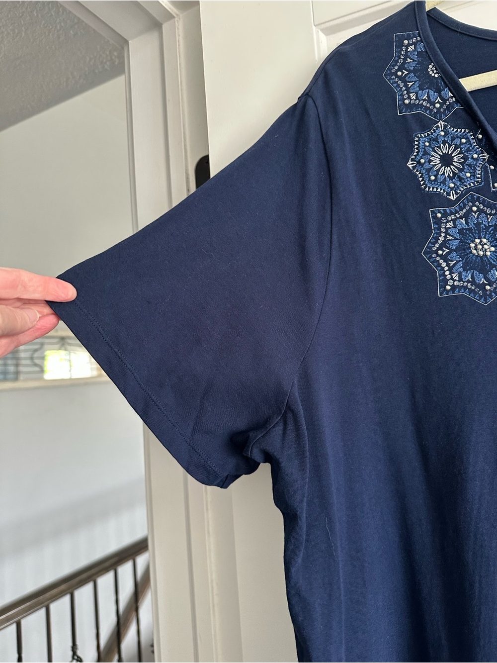 Catherines plus size 2X Navy Short Sleeve V-Neck Top with Embellished neckline - Picture 3 of 10